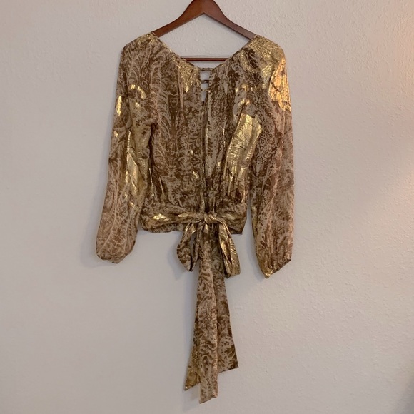 BCBG Chiffon Brown Gold Blouse Small - Picture 2 of 6